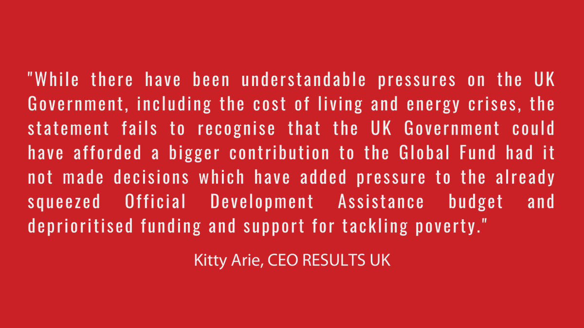 The UK has pledged £1 billion over three years to the Global Fund to Fight AIDS, TB and Malaria. This is far less than what is needed. 

"The UK Government could have afforded a bigger contribution..." - <a href="/KittyArie/">Kitty Arie</a>, CEO RESULTS UK

Read our statement here:
results.org.uk/results-uk-sta…
