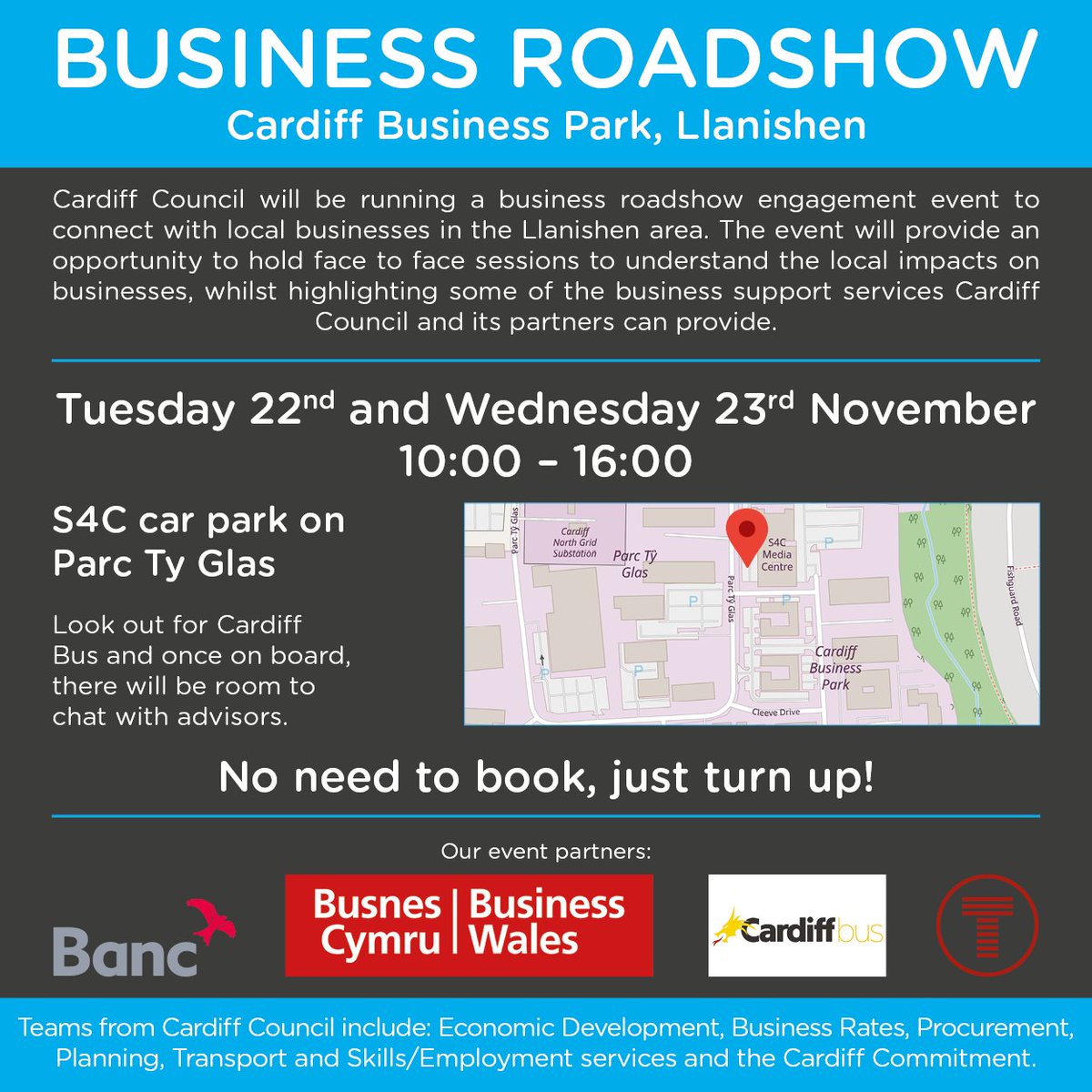 Invest in Cardiff (@investincardiff) on Twitter photo Join us at the Cardiff Business Park, Llanishen roadshow! Meet with the team & departments from <a href="/cardiffcouncil/">Cardiff Council</a>: rates/planning/procurement, into work services & <a href="/CdfCommitment/">Cardiff Commitment | Addewid Caerdydd</a>, plus our partners: <a href="/devbankwales/">Development Bank of Wales</a> <a href="/_businesswales/">Business Wales</a> <a href="/Cardiffbus/">Cardiff Bus</a> & <a href="/transport_wales/">Trafnidiaeth Cymru / Transport for Wales</a>. No need to book! Join us at the Cardiff Business Park, Llanishen roadshow! Meet with the team & departments from <a href="/cardiffcouncil/">Cardiff Council</a>: rates/planning/procurement, into work services & <a href="/CdfCommitment/">Cardiff Commitment | Addewid Caerdydd</a>, plus our partners: <a href="/devbankwales/">Development Bank of Wales</a> <a href="/_businesswales/">Business Wales</a> <a href="/Cardiffbus/">Cardiff Bus</a> & <a href="/transport_wales/">Trafnidiaeth Cymru / Transport for Wales</a>. No need to book!