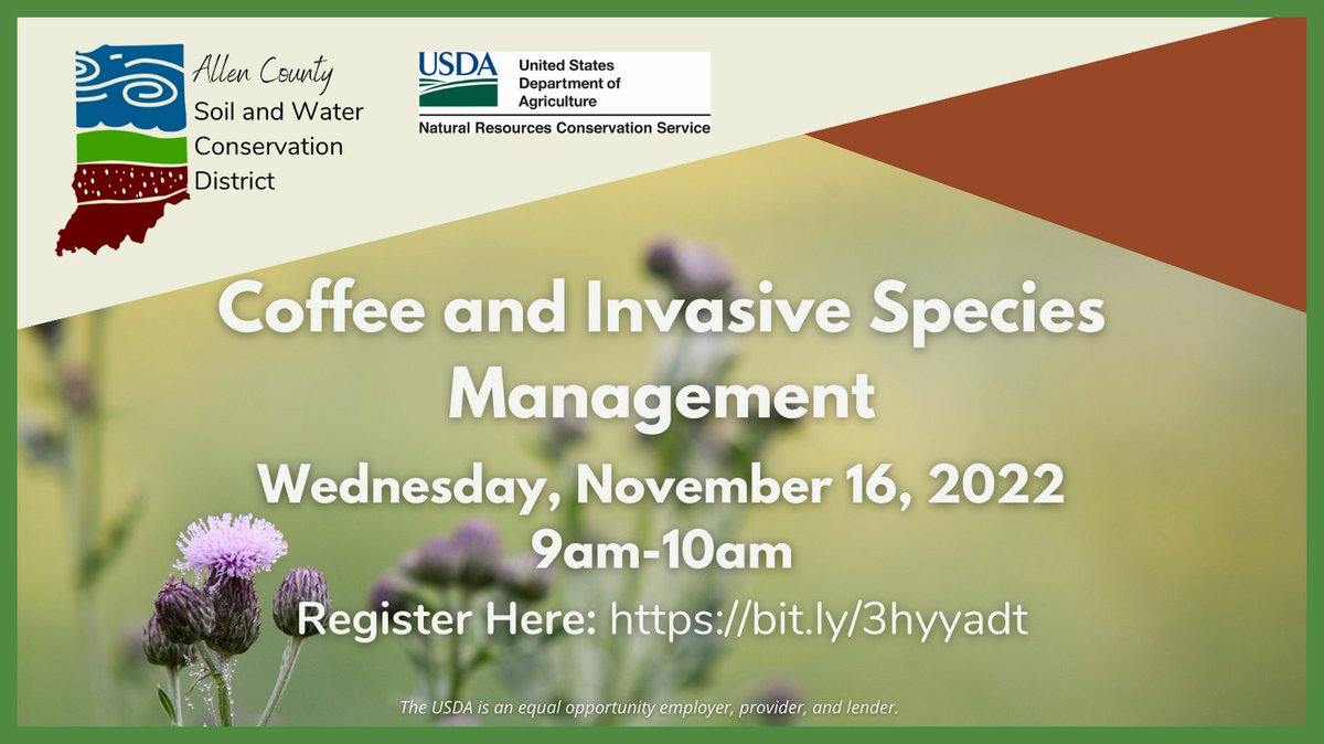 AllenSwcd's tweet image. Join us on Wednesday, November 16 from 9am-10am for Coffee and Invasive Species Management. Anyone who joins will walk away with great information on identifying and managing invasives. 

Register here: us02web.zoom.us/meeting/regist…
#invasive #management #indiana #nrcs #learn