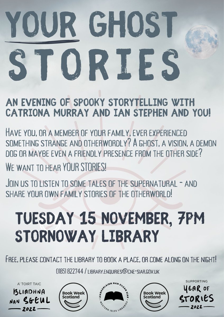 EileanSiar Libraries (@wilibraries) on Twitter photo An evening of storytelling and story sharing at Stornoway Library! With <a href="/IanStephenSY/">Ian Stephen</a> and <a href="/CatrionaMurray2/">Catriona Murray</a>
Refreshments will be serviced. Free event for <a href="/BookWeekScot/">Book Week Scotland</a>
👻Tuesday 15 November, 7pm👻
<a href="/cne_siar/">Comhairle nan Eilean</a> @anlanntair An evening of storytelling and story sharing at Stornoway Library! With <a href="/IanStephenSY/">Ian Stephen</a> and <a href="/CatrionaMurray2/">Catriona Murray</a>
Refreshments will be serviced. Free event for <a href="/BookWeekScot/">Book Week Scotland</a>
👻Tuesday 15 November, 7pm👻
<a href="/cne_siar/">Comhairle nan Eilean</a> @anlanntair