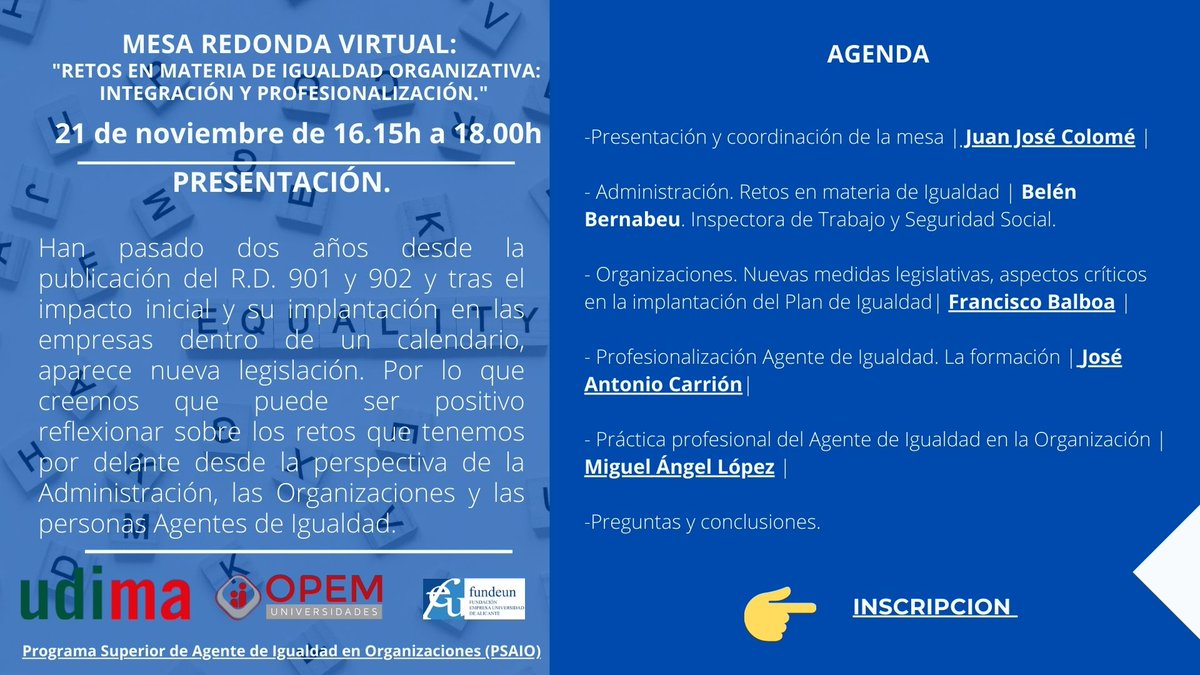 Muy aconsejable actualizar los conocimientos en materia de Igualdad en Organizaciones, si estás interesado en este tema puedes asistir a la mesa redonda on line, puedes inscribirte en forms.gle/HjgkLWUPkejci1…