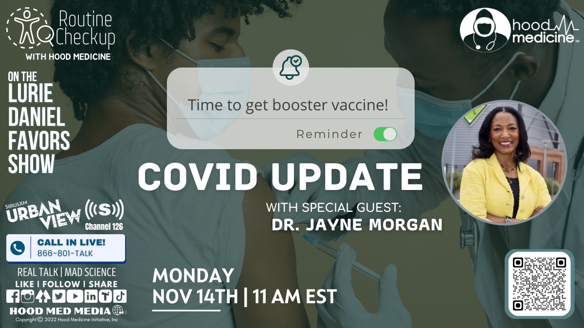 hood_medicine's tweet image. We're live now with a #COVID update on #RoutineCheckup w/ #HoodMed! @DrJayneMorgan will give us the breakdown on the new bivalent booster and emerging mutant variants.

🗓️Mon Nov 14th - 11 am EST
📻The @LurieFavors Show on @SXMUrbanView Channel 126 @SiriusXM
📞866-801-TALK
#PHG🦍