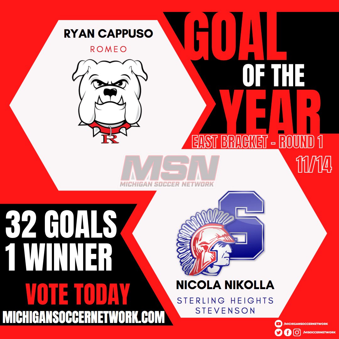 32 GOALS. 1 WINNER. 

2022 MHSAA GOAL OF THE SEASON! 

EAST BRACKET FIRST-ROUND MATCHUP! 

RYAN CAPPUSO VS NICOLA NIKOLLA 

HEAD OVER TO MICHIGANSOCCERNETWORK.COM TO VOTE TODAY!