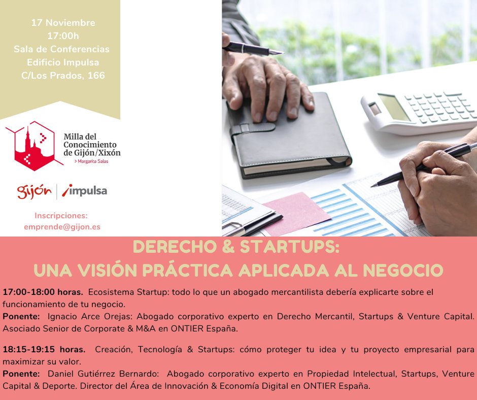 💡 La Ley de #Startups acaba de ver la luz y viene cargada de novedades.

Este jueves te invitamos a conocer sus aspectos más relevantes en una jornada que organizamos junto a @ONTIERLaw en nuestro Edificio Impulsa.

Inscríbete YA enviando un correo a emprende@gijon.es