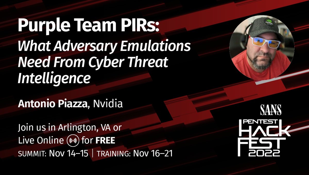 SANSOffensive's tweet photo. Coming up we have talks on KRBTGT in #WindowsAD and a Purple Team talk on CTI relating to #AdversaryEmulation
Join us here: https://t.co/e9sqNlQ69T #SANSHackFest https://t.co/vTzyzOibh2