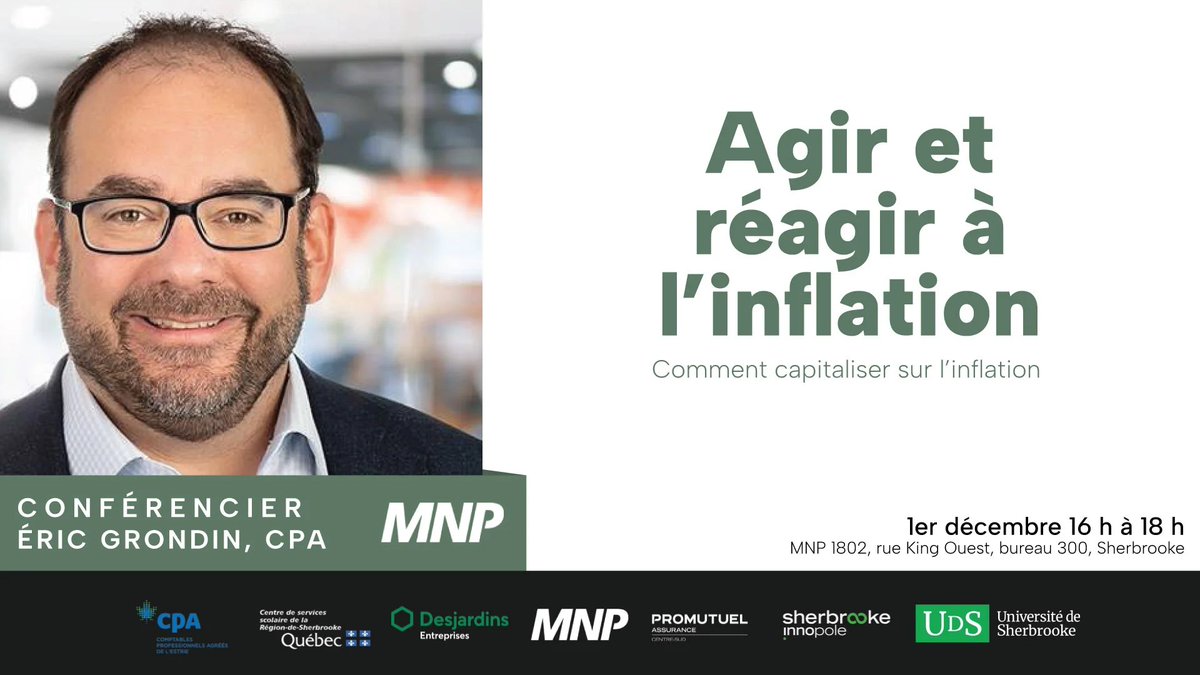 ccsherbrooke's tweet image. Comment capitaliser sur l’inflation avec Éric Grondin de MNP. Inscrivez-vous, les places sont limitées. 
buff.ly/3EvIiip