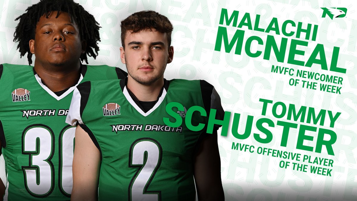 Congratulations to the two Fighting Hawks who earned MVFC Player of the Week honors! ▪️ Tommy Schuster - MVFC Offensive Player of the Week ▪️ Malachi McNeal - MVFC Newcomer of the Week RELEASE: fightinghawks.com/news/2022/11/1… #UNDproud | #LGH