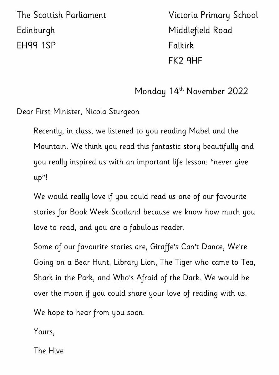 A letter to <a href="/NicolaSturgeon/">Nicola Sturgeon</a> 

We have been working hard on this collaborative persuasive letter and have used flattery, exaggeration, positive word choice, and repetition to try convince you to read us a story! 📖

We eagerly await your response. 
The Hive 🐝 
#BookWeekScotland