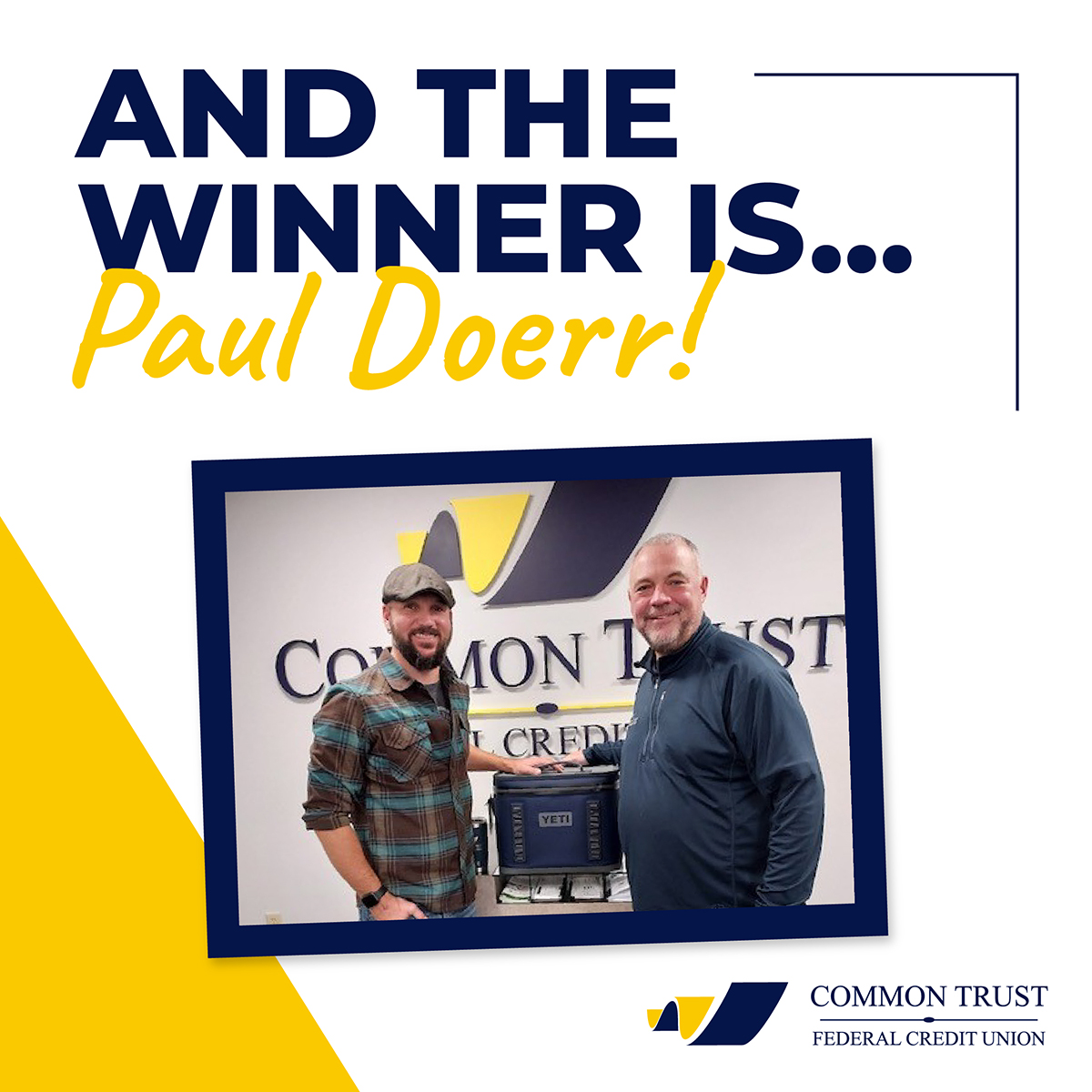 commontrustfcu's tweet photo. Can we get a drumroll, please? The winner of our Wakefield Town Day raffle is … Paul Doerr! Congratulations and enjoy your new Yeti cooler and two CTFCU-branded Yeti mugs! https://t.co/qyG1B5CWCi