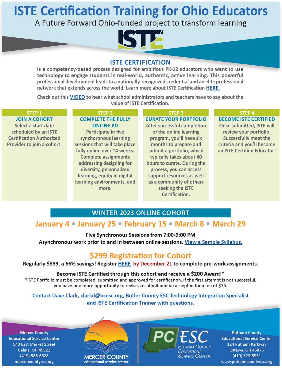 ISTE Certification training is now $299 for Ohio educators for a limited time, a savings of more than 66% from the regular $899! Cohort members who become ISTE Certified Educators may also be eligible for a $200 award. Register for our winter cohort at bit.ly/3dUWjf8!