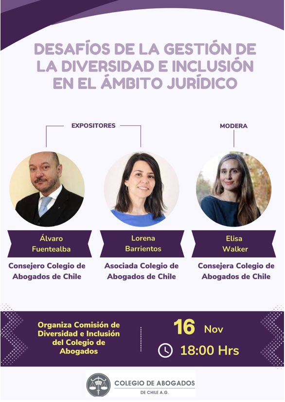 Elisa Walker (@ElisaWalkerE) on Twitter photo 2022-11-14 16:11:05 Quedan tod@s invitados al seminario sobre gestión de diversidad e inclusión en el ámbito jurídico organizado por la Comisión de Diversidad e Inclusión del @ChileColegio. Es el miércoles 16 de nov a las 18.00. Tendremos excelentes expositores: @afuentealba y Lorena Barrientos. Quedan tod@s invitados al seminario sobre gestión de diversidad e inclusión en el ámbito jurídico organizado por la Comisión de Diversidad e Inclusión del @ChileColegio. Es el miércoles 16 de nov a las 18.00. Tendremos excelentes expositores: @afuentealba y Lorena Barrientos.