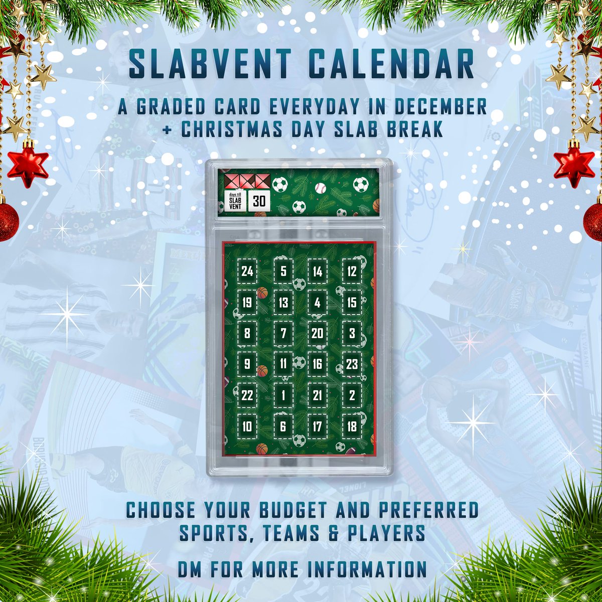digital_grading's tweet image. Last chance to confirm your Slabvent calendar. Pick your budget (min £100), sports ⚽🏀⚾🏈, teams &amp;amp; players &amp;amp; we will match to your preferences. 1 slab revealed on YouTube every day in December until Christmas day where you will be entered into a slab break with special prizes