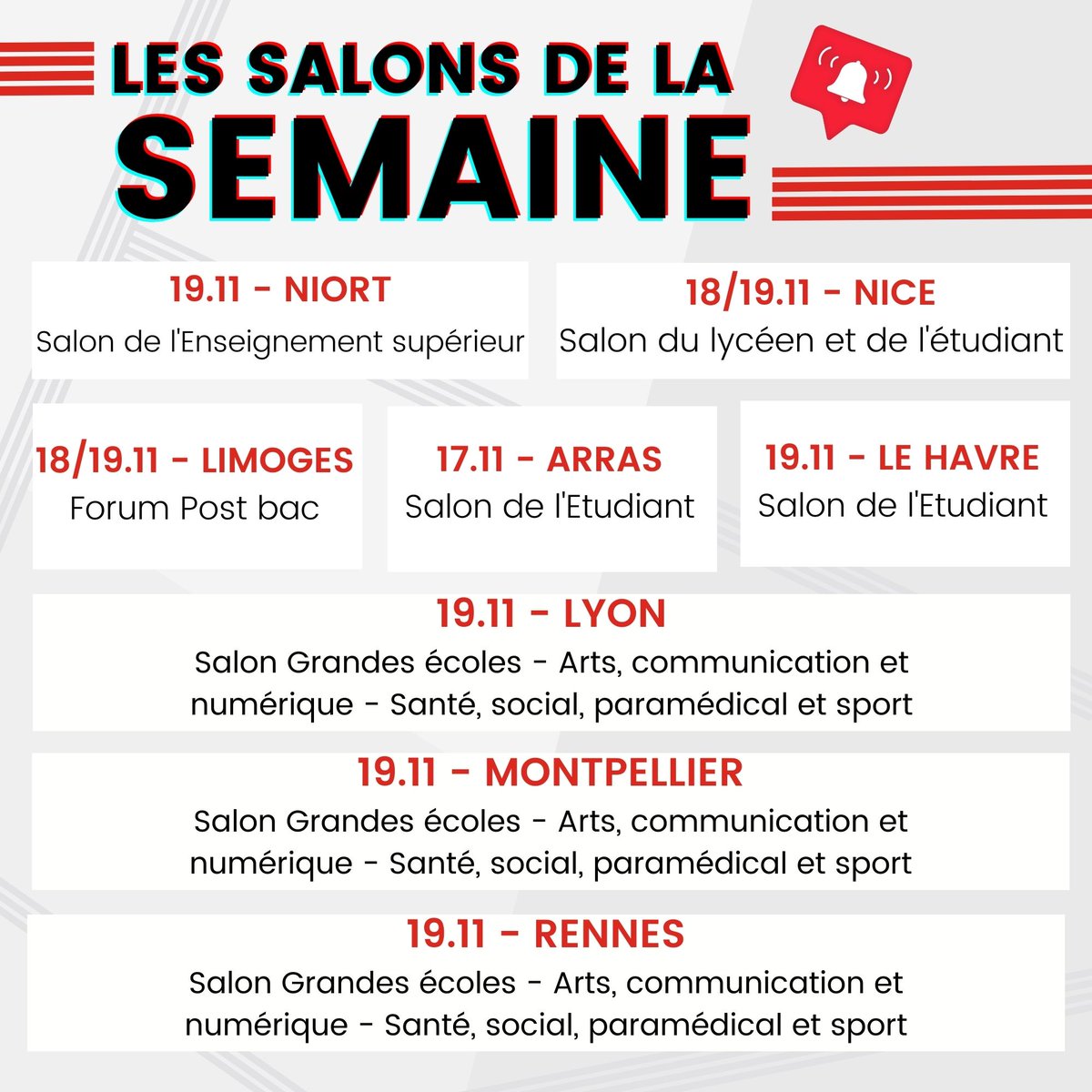 #SALONLETUDIANT • Les salons de l'Etudiant reviennent cette semaine ! On a hâte de vous retrouver ! 🤗

Conférences, rencontres, activités... C'est le RDV pour trouver votre orientation ! 🎓

👉 Préparez gratuitement votre visite : bit.ly/2MFBEI0