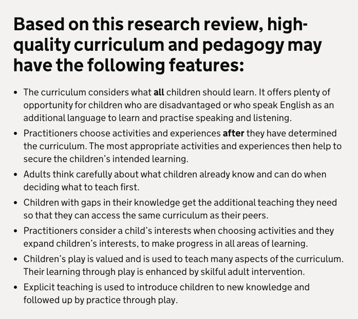 "Explicit teaching is used to introduce children to new knowledge and followed up by practice through play."

<a href="/Ofstednews/">Ofsted</a>' review of effective teaching and curriculum in EYFS is well worth a read...

gov.uk/government/pub…
