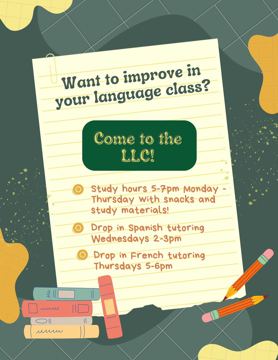 Hey Hounds! Need some help with French or Spanish or just a quiet place to study? The LLC is the place for you. We have snacks and study materials ready for you during study hours, and lots of comfortable, quiet places for you any time. Give us a visit! 📚