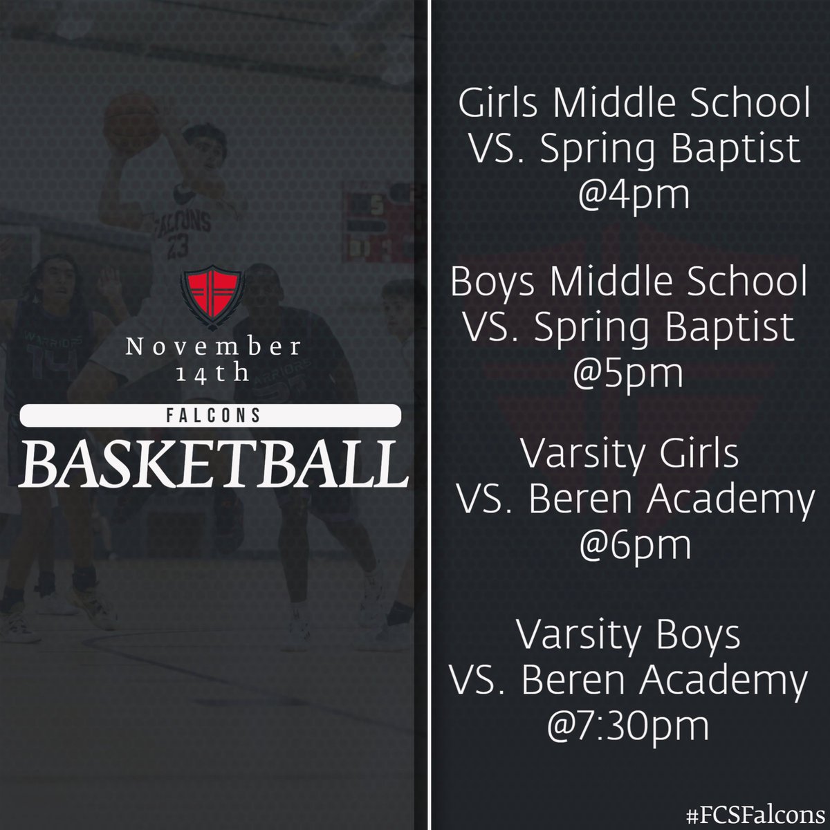 founders_school's tweet photo. Tonight, you have the chance to watch all of our basketball teams compete. Our varsity boys will compete against Beren Academy, who are currently ranked #8 in the state. Come on out and cheer our teams on! All games will be at our home gym. #FCSFalcons https://t.co/QOV9ZCyxRM