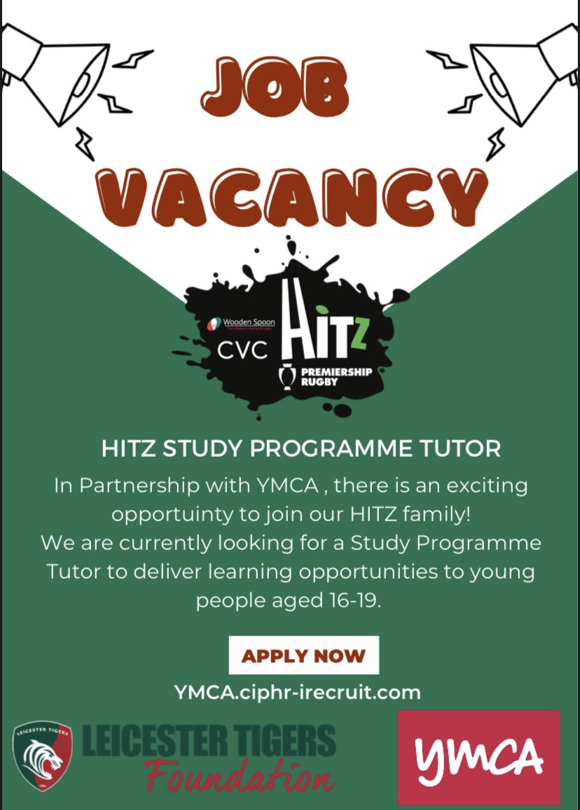 Job Opportunity! In Partnership with YMCA, they are currently recruiting for a HITZ Study Programme Tutor to deliver learning opportunities for young people in Leicester! If this sounds like a job for you apply via YMCA.cipher-irecruit.com 🐯