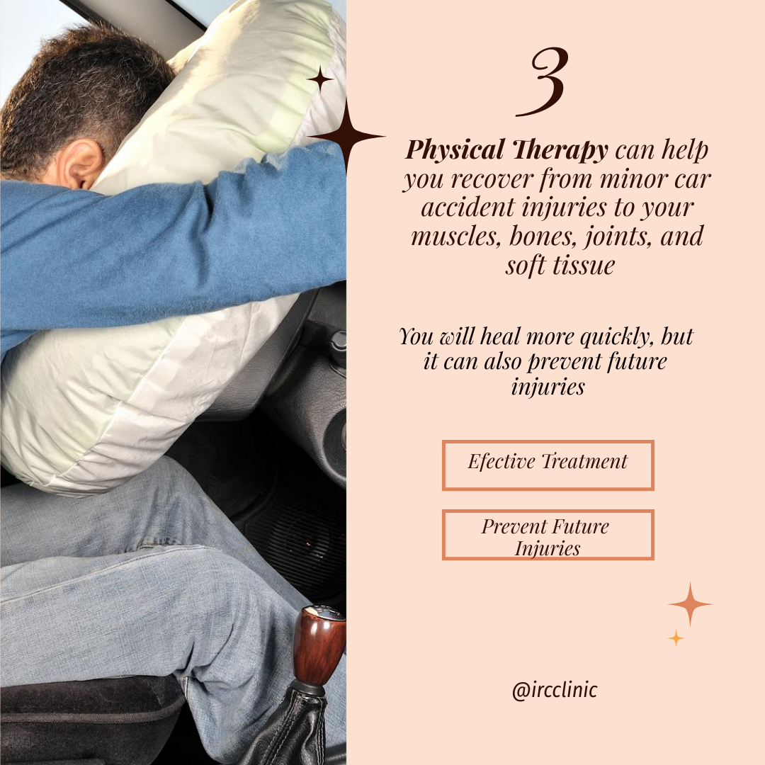 Here 3 reasons why you should get Physical Therapy after your car accident! #ircclinic #PT #physicalthereapy #physicaltherapist #Caraccident #injuryrecovery #painrelief #fastrecovery #nomorepain #crash #ptdoctor #whiplash #injured #dolor #recuperacion #Dallas #texas #ptclinic