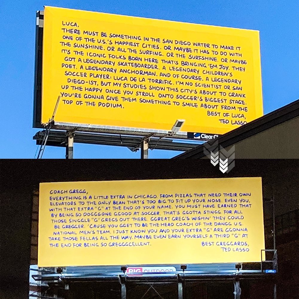 “Ted Lasso” wrote individualized messages to each of the U.S. Men’s National Team players. They are posted on billboards in the player’s hometowns. 🪧 

(via <a href="/FOS/">Front Office Sports</a>)