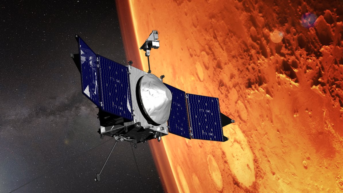 Illustration of NASA’s MAVEN spacecraft at Mars shows the orbiter over the Red Planet, with solar panels deployed on either side of the vehicle and a scientific instrument boom extending upward.