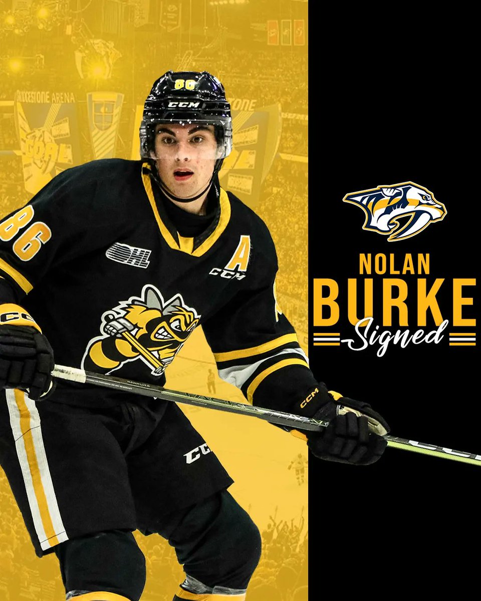StingHockey's tweet photo. Welcome to Smashville Burkie! 👊

The @PredsNHL have signed forward Nolan Burke to a 3-Year Entry Level Contract ✍️

#SwarmWarning🐝 | #Stingfootprint https://t.co/yDsZPF13o7