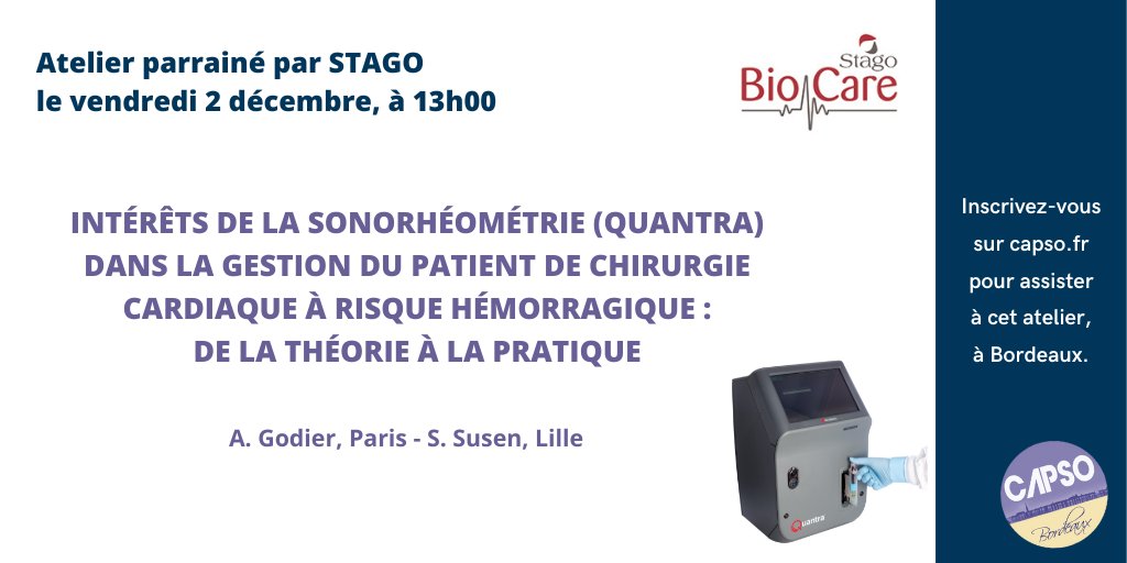 JourneesCAPSO's tweet photo. 👉Venez assister à l'atelier de Stago BioCare le vendredi 2 décembre, avec @GodierAnne et @sophie_susen.
🖱️Inscription : https://t.co/vORbVefHIz
📄Programme complet de #capso22 : https://t.co/90r0u3yJDC
#sonorhéométrie #Quantra #chirurgie #cardiaque #hémorragique https://t.co/K5wUAUmyXv