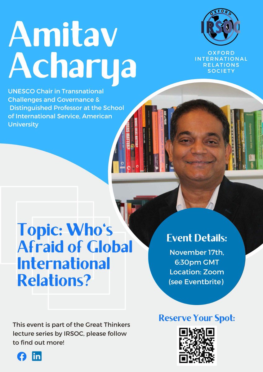 I’ll be giving a lecture on Thursday 17th Nov at 6:30 GMT to Oxford International Relations Society’s 'Great Thinkers’ lecture series

“Who is Afraid of Global International Relations?”

Zoom: us06web.zoom.us/j/84908958240?… (Passcode, 214468)
