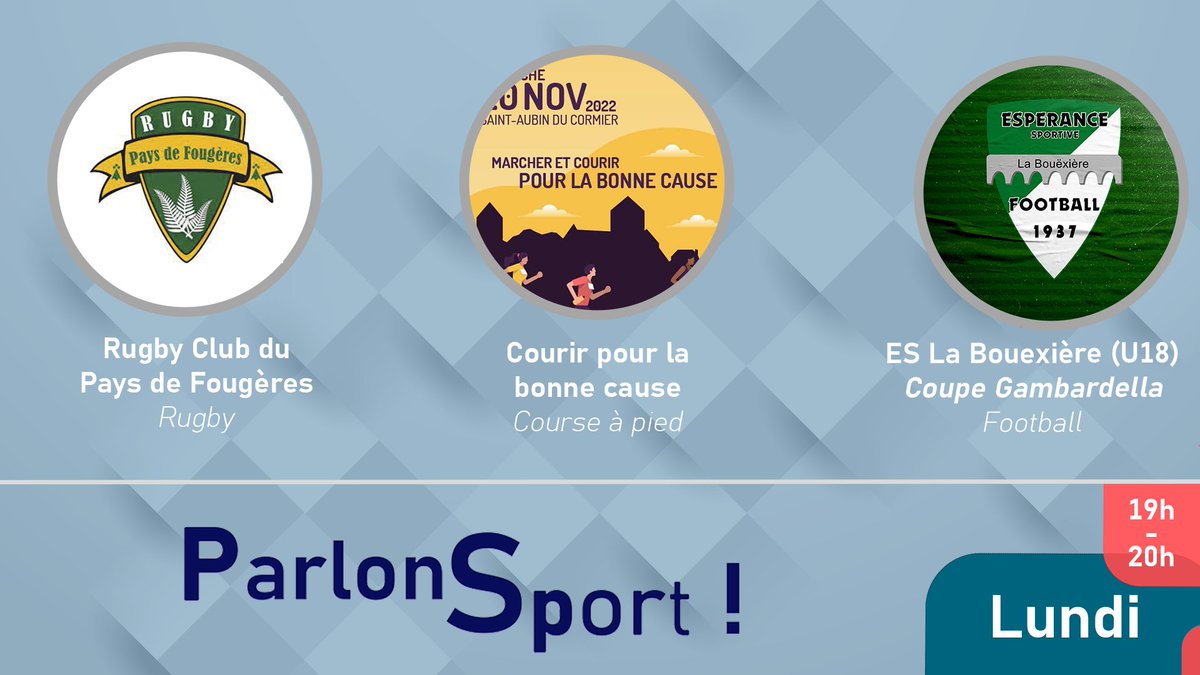 Ce soir dans ParlonSport ! :
De 19h à 20h, on discute ballon ovale avec le <a href="/RCPFougeres/">Rugby Club Pays de Fougères</a>, ballon rond et Coupe Gambardella en compagnie de l'<a href="/esplabouexiere/">Esperance Bouëxière</a> et course à pied grâce aux Joggers du Couesnon.