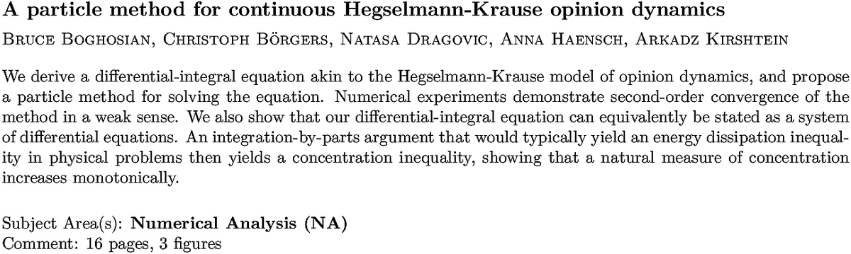 arxiv.org/abs/2211.06265…
B Boghosian et. al.
A particle method for continuous Hegselmann-Krause opinion dynamics