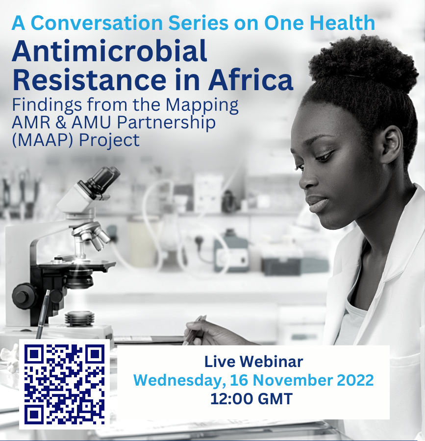 WEDNESDAY!  <a href="/OneHealthTrust/">One Health Trust</a> hosts a webinar on Antimicrobial Resistance in Africa: Nov. 16, 12:00 pm GMT:  tinyurl.com/4vvsecvs

Learn about the Mapping AMR &amp; AMU Partnership project which collected &amp; reviewed AMR records from 205 labs across 14 African countries. #OneHealth