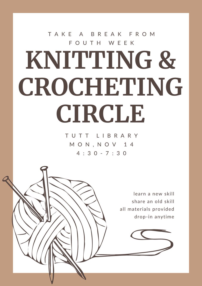 This evening come by Tutt Library to join the knitting and crocheting circle near the Data Viz Wall on the first floor. No experience needed, drop by any time between 4:30 and 7:30. Event coordinated by CC Arts &amp; Crafts.