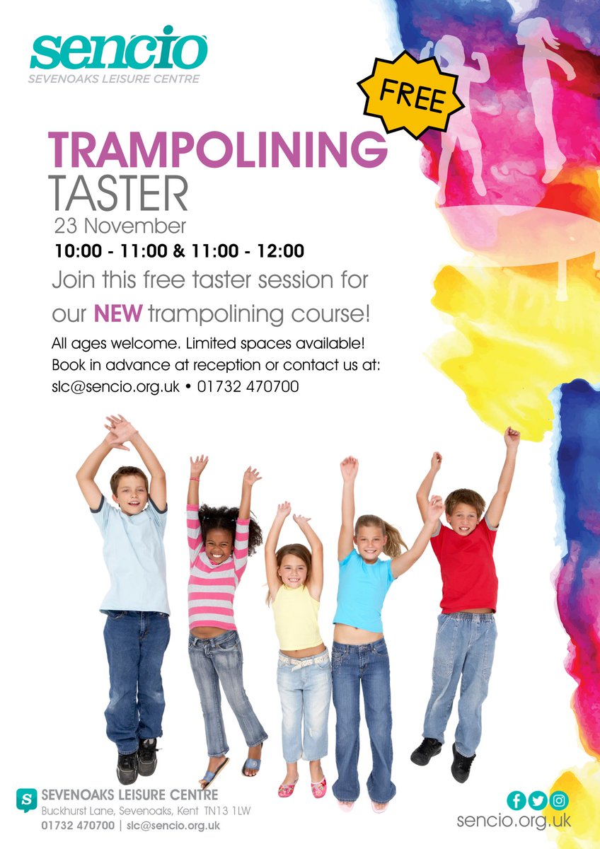 Coming up at Sevenoaks Leisure Centre is this FREE taster session for our new #Trampolining Courses. Spaces are limited so get in touch to book your space now!