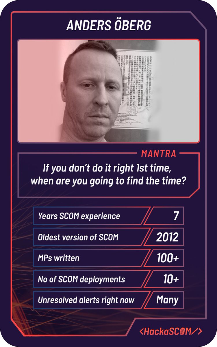 SCOMathon's tweet photo. We're thrilled to welcome Anders Oberg to #HackaSCOM 2022 🚀 Anders has an architect/specialist/developer background, and has most recently focused on SCOM automations and integrations. Having built over 100 MP's to date, will he be our winner? 🏆 https://t.co/5950WMAs8P https://t.co/wFqyZcIqn8