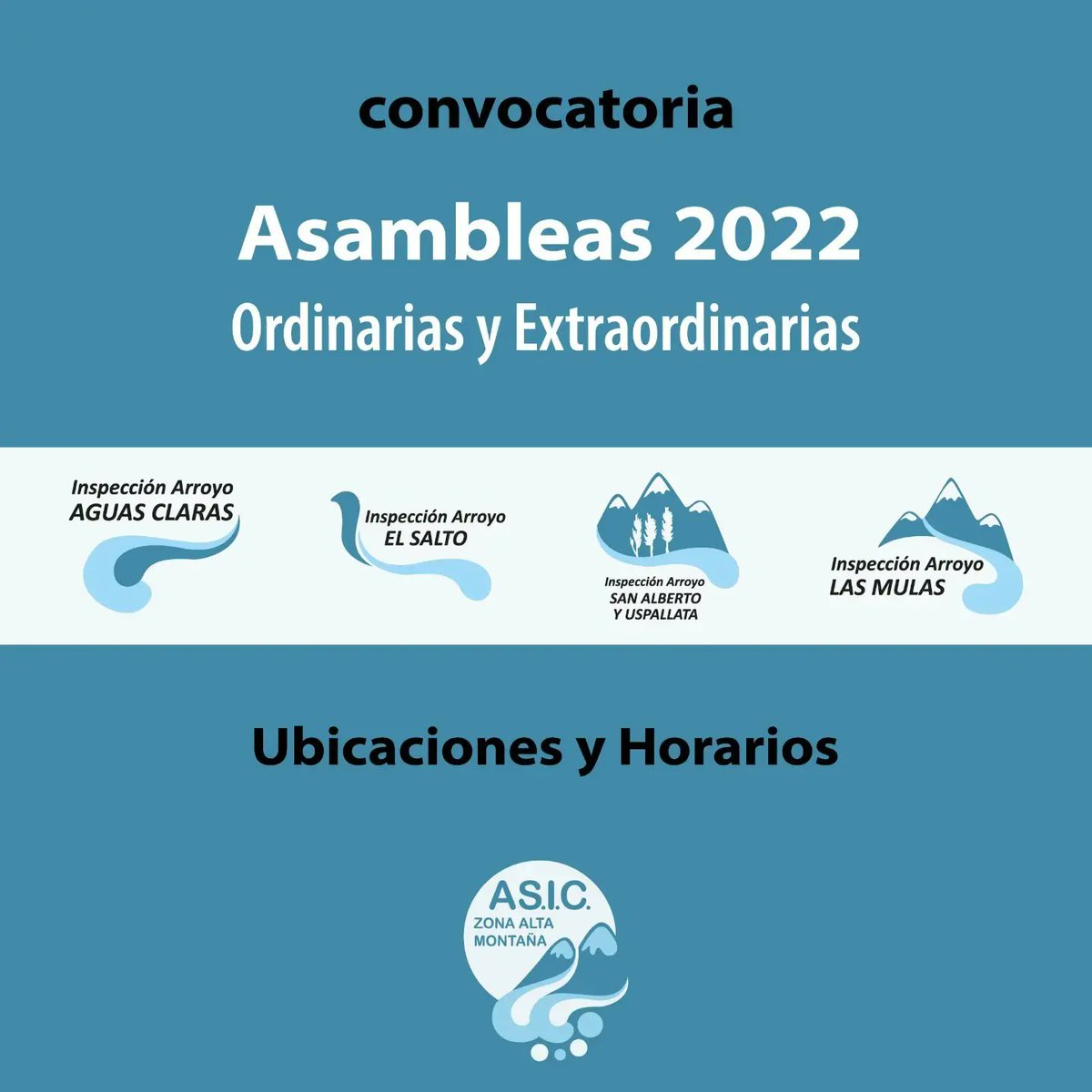 ASICaltamontana's tweet photo. Los días 24, 25 y 26 de noviembre tendrán lugar las Asambleas Generales -Ordinarias y Extraordinarias- de Usuarios de nuestras Inspecciones💧🤝
Enterate la fecha, horario y ubicación ↪️
#Asic #Altamontaña #Mendoza #Asambleas #AguasClaras #ElSalto #LasMulas #SanAlbertoyUspallata https://t.co/V6cG6DRhbg