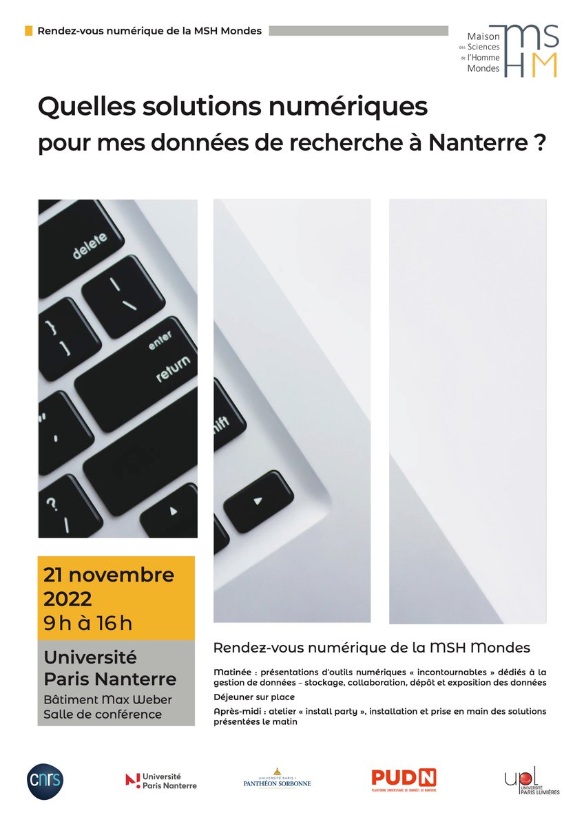 🗓️ Le prochain Rendez-vous numérique de la @MSH_Mondes aura lieu lundi 21/11/2021 et abordera la question des solutions numériques incontournables pour gérer ses données de recherche💡 Pour s'inscrire et en savoir plus : 👉 rdvnummshmondes.sciencesconf.org Venez nous rencontrer !