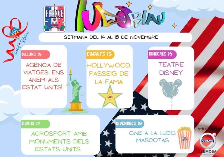 Agenda setmanal Ludoblau Adieu Le France, hellow EEUU!! 🇺🇲Aerosports monuments ⭐Estel de la fama 🎭teatre Disney Amb el suport de @volvocarllemosa #eeuu🇺🇸 #jososocdelnatacio #cnlleidasocialisolidari #ludoblau instagram.com/p/Ck8jAgONSLf/…