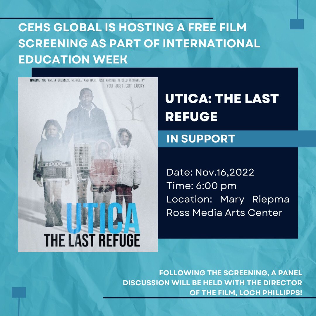 It’s International Education Week at Nebraska🎉 

In honor, CEHS Global is hosting a free film screening of “UTICA: The Last Refuge” THIS Wednesday at 6:00pm at Mary Riepma Ross Media Arts Center. Come on out!!!

#cehsglobal #internationaleducation #seetheworld