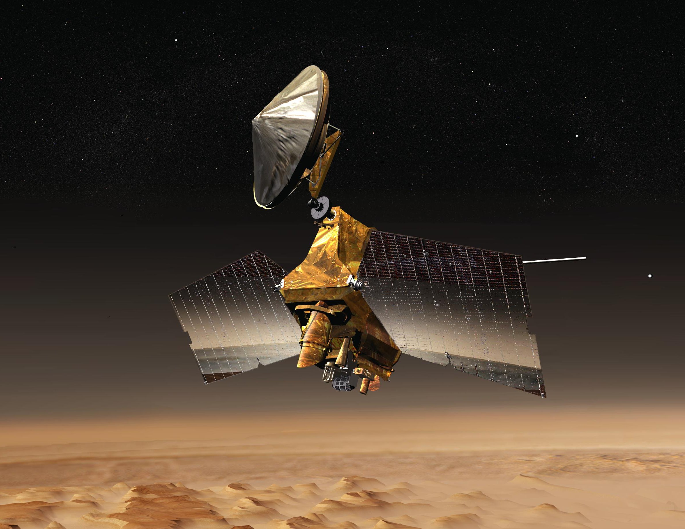 Illustration of NASA’s Mars Reconnaissance Orbiter shows the spacecraft in orbit above Mars, pointing its cameras down toward the surface. Parts of Mars and its atmosphere are reflected in the vehicle’s two large solar panels, which extend to either side. The top of the spacecraft features a large communications antenna, pointed to the left.