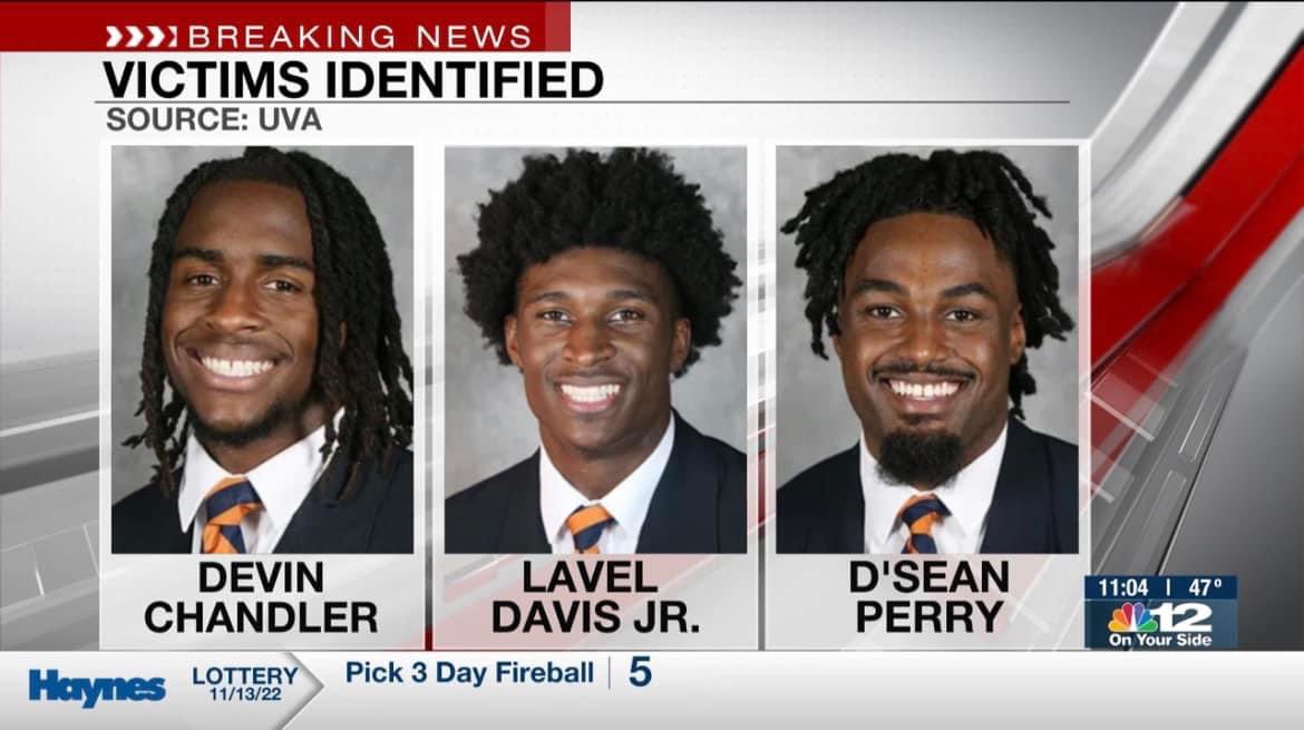 Three victims killed in UVA shooting after coming back from a field trip. All victims were on the football team. Two more victims are in the hospital. Sending thoughts and prayers to the families and the entire UVA community.  Suspect is now in custody.#uva