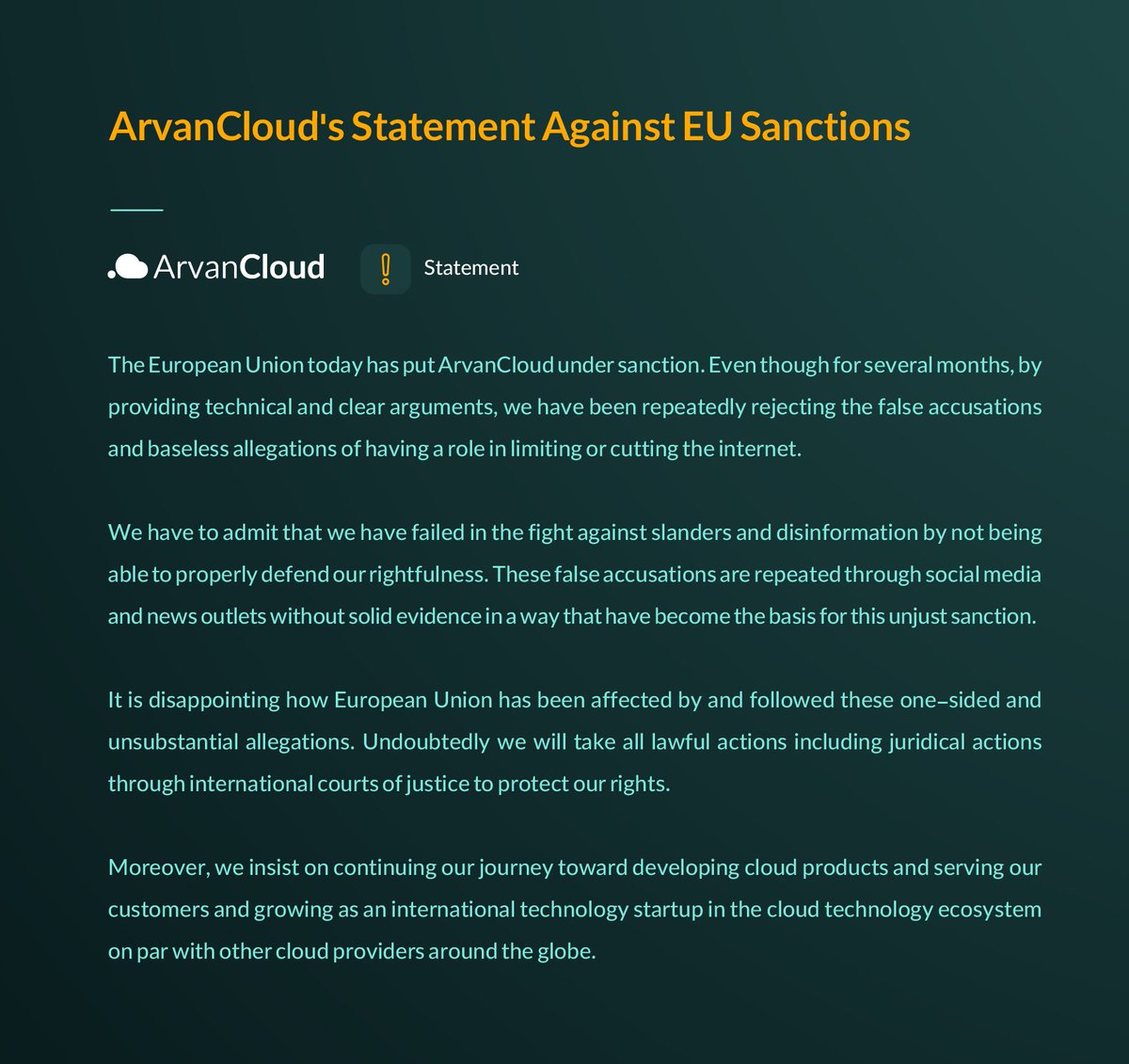 ArvanCloud’s Statement Against EU Sanctions:

r1c.io/akY0

#Arvancloud