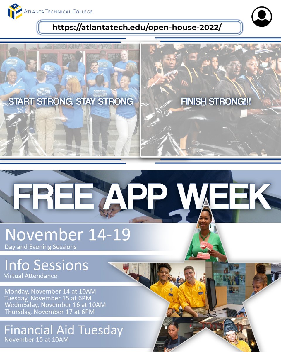 AtlTechCollege's tweet photo. FREE APP WEEK IS UPON US! 
Join us tomorrow for Financial Aid Tuesday at 10 am and a virtual info session at 6pm! 

#ATCStrong https://t.co/PL6vbFtqid
