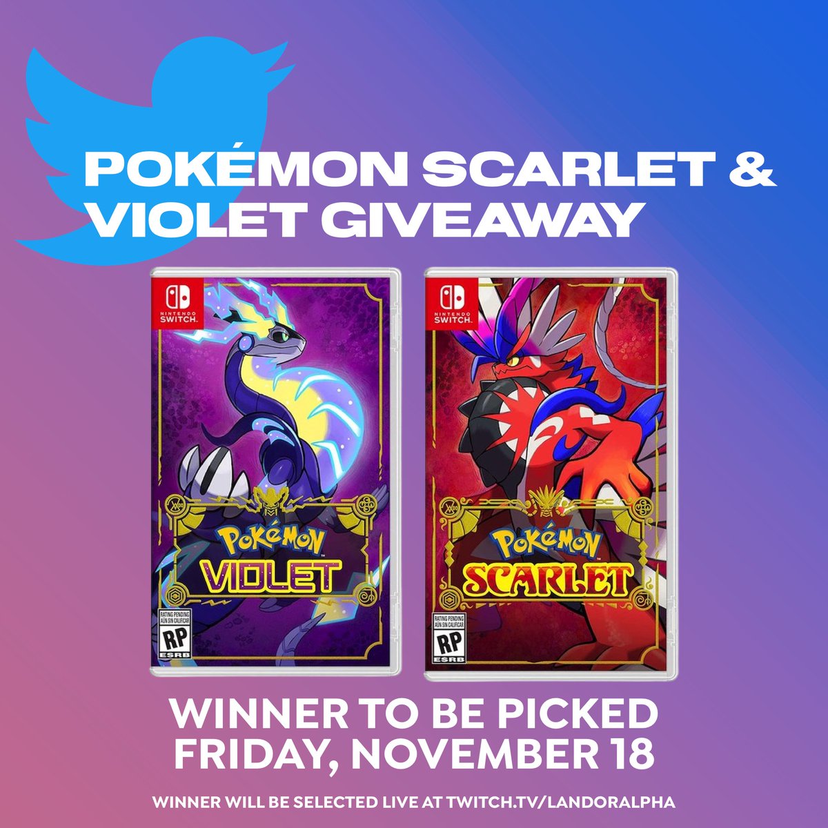 🍇POKEMON SCARLET or POKEMON VIOLET GIVEAWAY!🍊

🎉To celebrate my 1-Year Twitch Partner anniversary, I’m giving away a Digital Copy of either Pokémon Scarlet or Violet.

TO ENTER:

🙇Follow
❤️Like
♻️Retweet
🏷️Tag a Friend

(More info 👇)