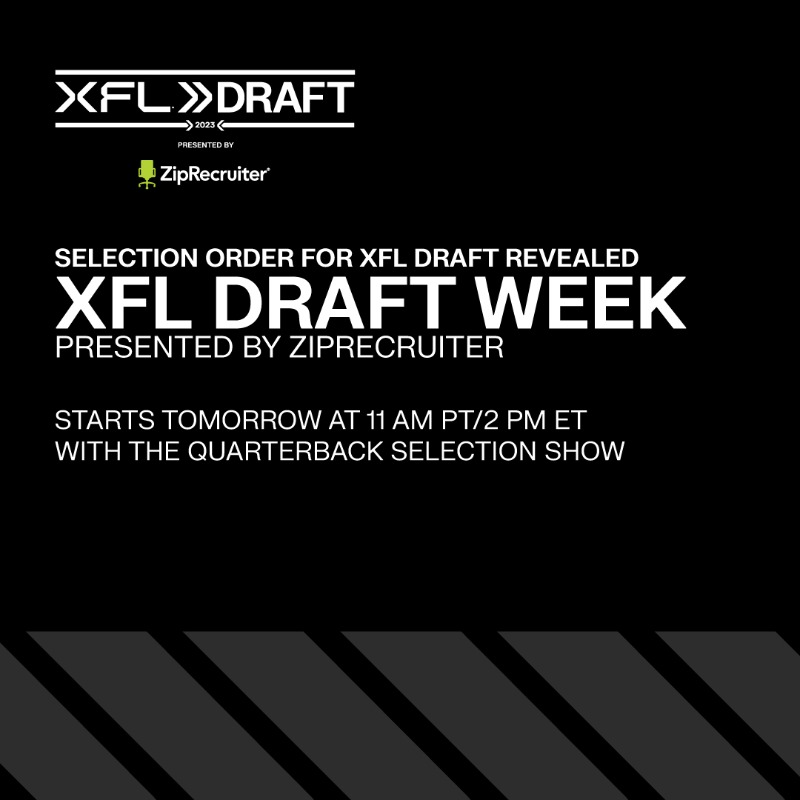 TheUFL's tweet photo. Announcing the 2023 #XFLDraft order for the first positional group:

1. @XFLDefenders
2. @XFLBattlehawks
3. @XFLBrahmas
4. @XFLGuardians
5. @XFLVipers
6. @XFLSeaDragons
7. @XFLRenegades
8. @XFLRoughnecks

Presented by @ZipRecruiter.
