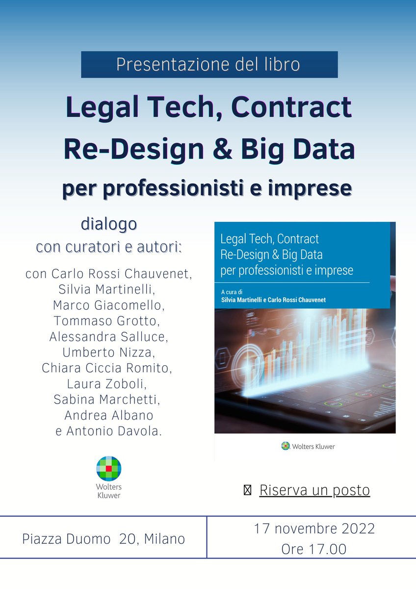 Vi ricordiamo che questo giovedì (alle 17 in piazza Duomo 20 a Milano) si terrà l'evento di presentazione e discussione con gli autori del recente volume "Legal tech, contract re-design &amp; big data per professionisti e imprese".

eventbrite.com/e/biglietti-le…