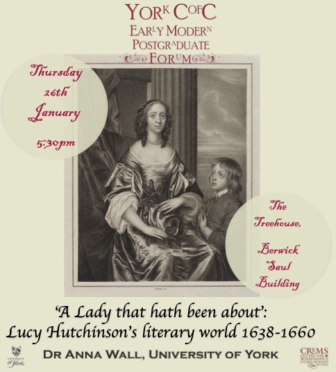 ⚡️ DATE CHANGE!!! ⚡️ Dr Anna Wall's (@walla7437) fascinating talk on the literary world of Lucy Hutchinson will now be taking place on Thursday 26th January - please do join us, all welcome!