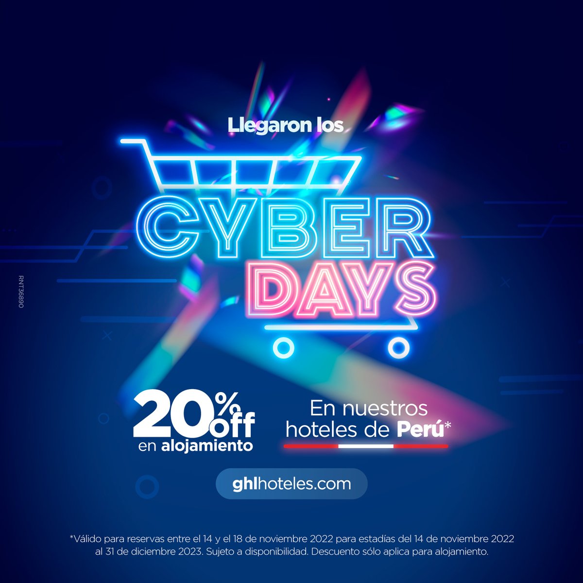 ¡Cyber Days Perú! 𝟮𝟬%𝗢𝗙𝗙💻 bit.ly/Peru_GHL 
*Válido para reservas entre el 14 y 18 de nov de 2022 para estadías del 14 de nov de 2022 al 31 de dic de 2023. Sujeto a disponibilidad. Descuento sólo aplica en alojamiento en hoteles de Perú. RNT 36890⁣
