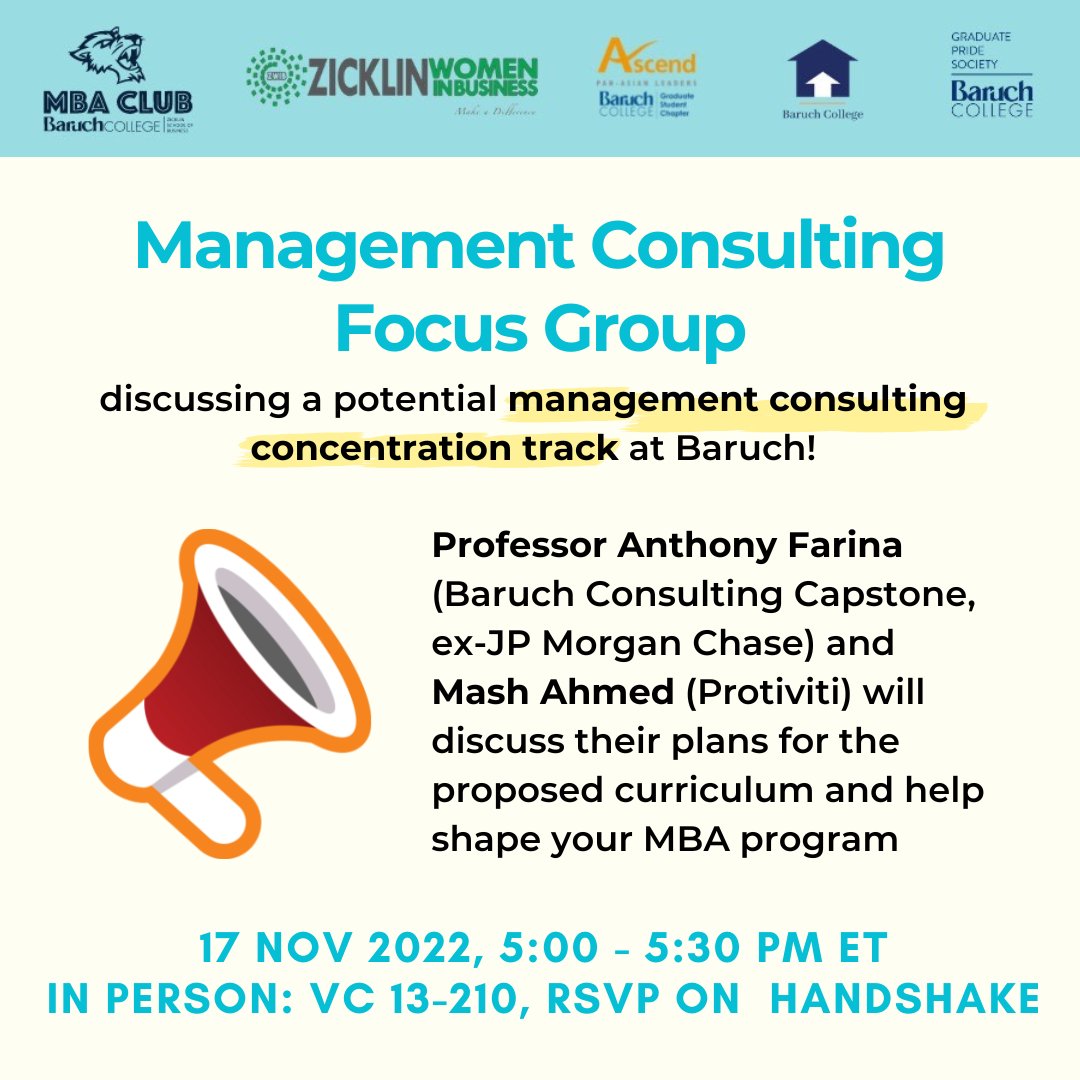 ZicklinWIB's tweet photo. Are you interested in a consulting career? Join fellow aspiring consultants for a focus group discussing a potential Management Consulting Concentration track at Baruch! 

Please RSVP on Handshake. 

#cuny #zwib #zicklin #zicklinwomeninbusiness https://t.co/yfpvswvKjj