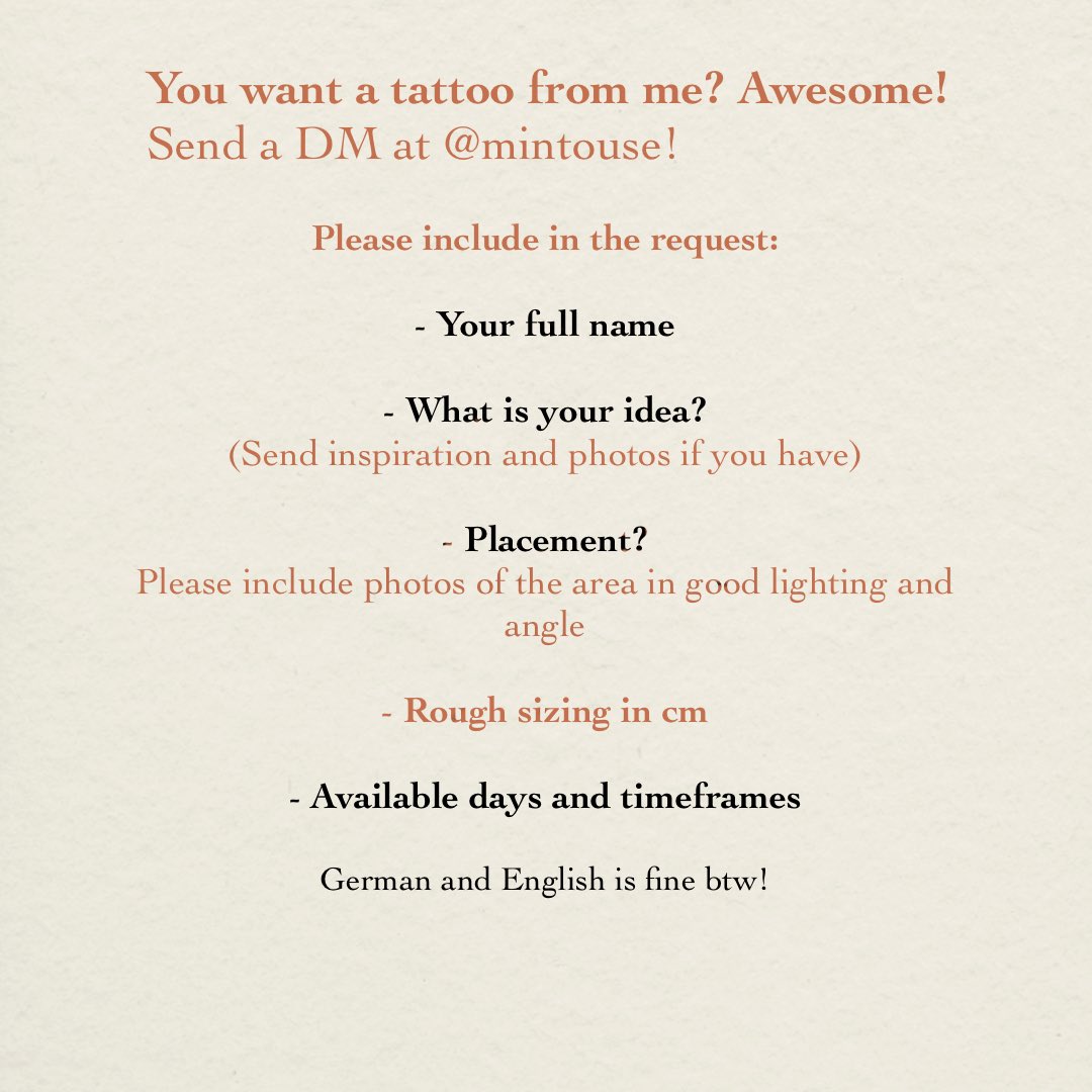 mintouse's tweet photo. Booking for 2023 starts December 1st! 
.
PLEASE write all informations ask in your message to make the booking process easier for me
.
Only via DM on Instagram OR via email at mintouse.tattoo@gmail.com
.
Thank you all already so so much for you interest! 
.
Big hug from Pau! ✨ https://t.co/o3Qd44RvBf