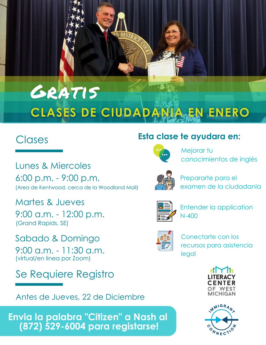 LCWM's tweet image. ¿Está interesado en mejorar su lectura y escritura en inglés mientras trabaja para lograr su ciudadanía? . Las clases comenzarán en enero.

Si está interesado, envíe un mensaje de texto con la palabra "Citizen" al (872)-529-6004 o llame al 616-459-5151.