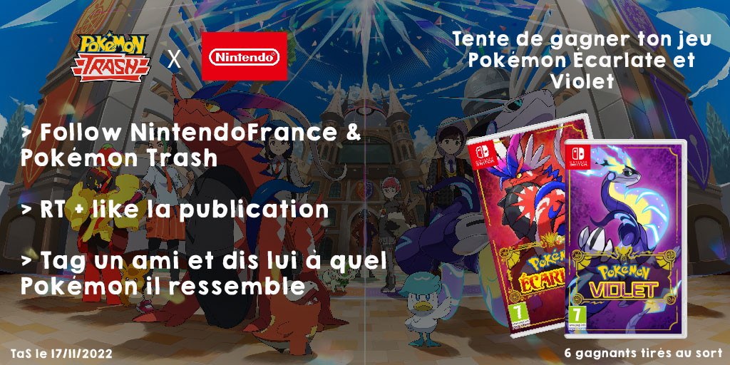 Nouveau #concours 🎉 Grâce à <a href="/NintendoFrance/">Nintendo France</a>, on te fait gagner un exemplaire du jeu #PokemonEcarlateViolet 🎁

Pour participer ⬇️ : 
• Follow <a href="/NintendoFrance/">Nintendo France</a> et <a href="/PokemonTrash/">Pokémon Trash</a>
• RT + Like le post
• Tag un ami et dis lui à quel Pokémon il ressemble

Tirage au sort le 17 nov. !